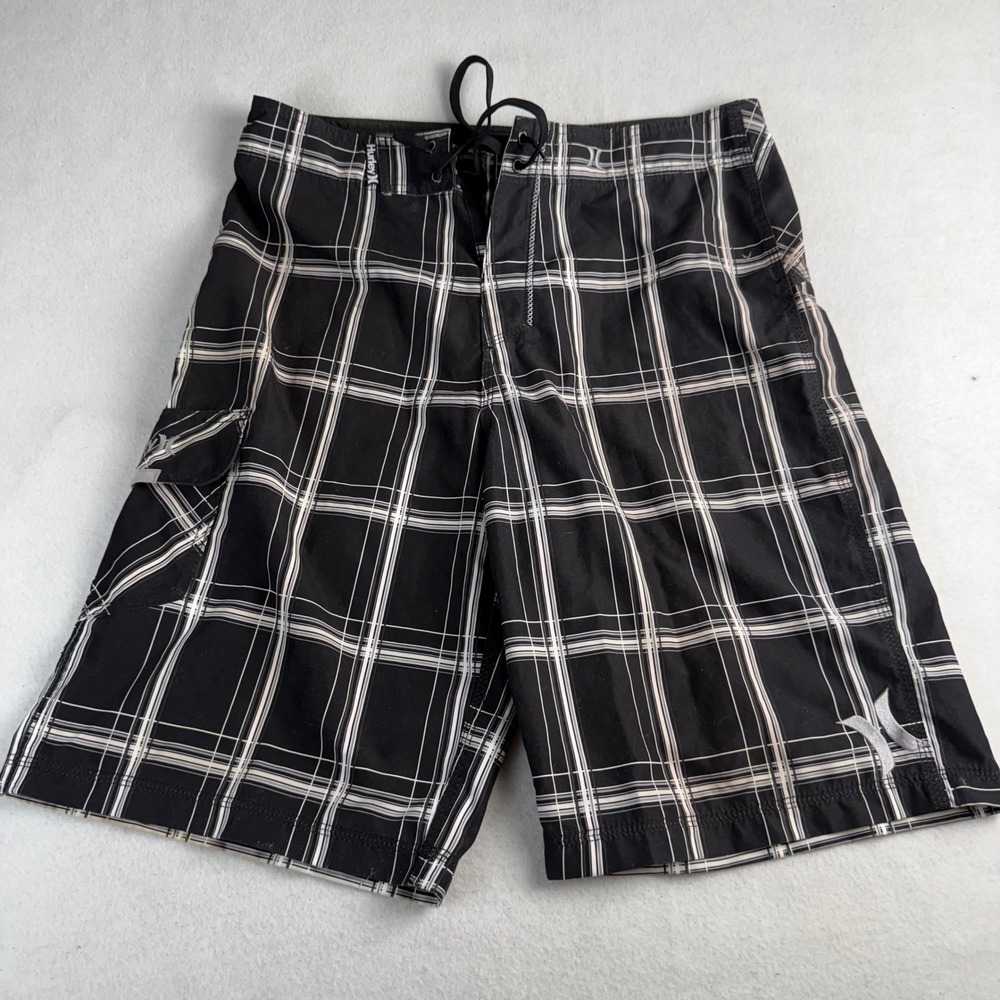 Hurley Men's Black White Plaid Board Shorts Size 32 Cargo Pocket‎ Swim Trunks